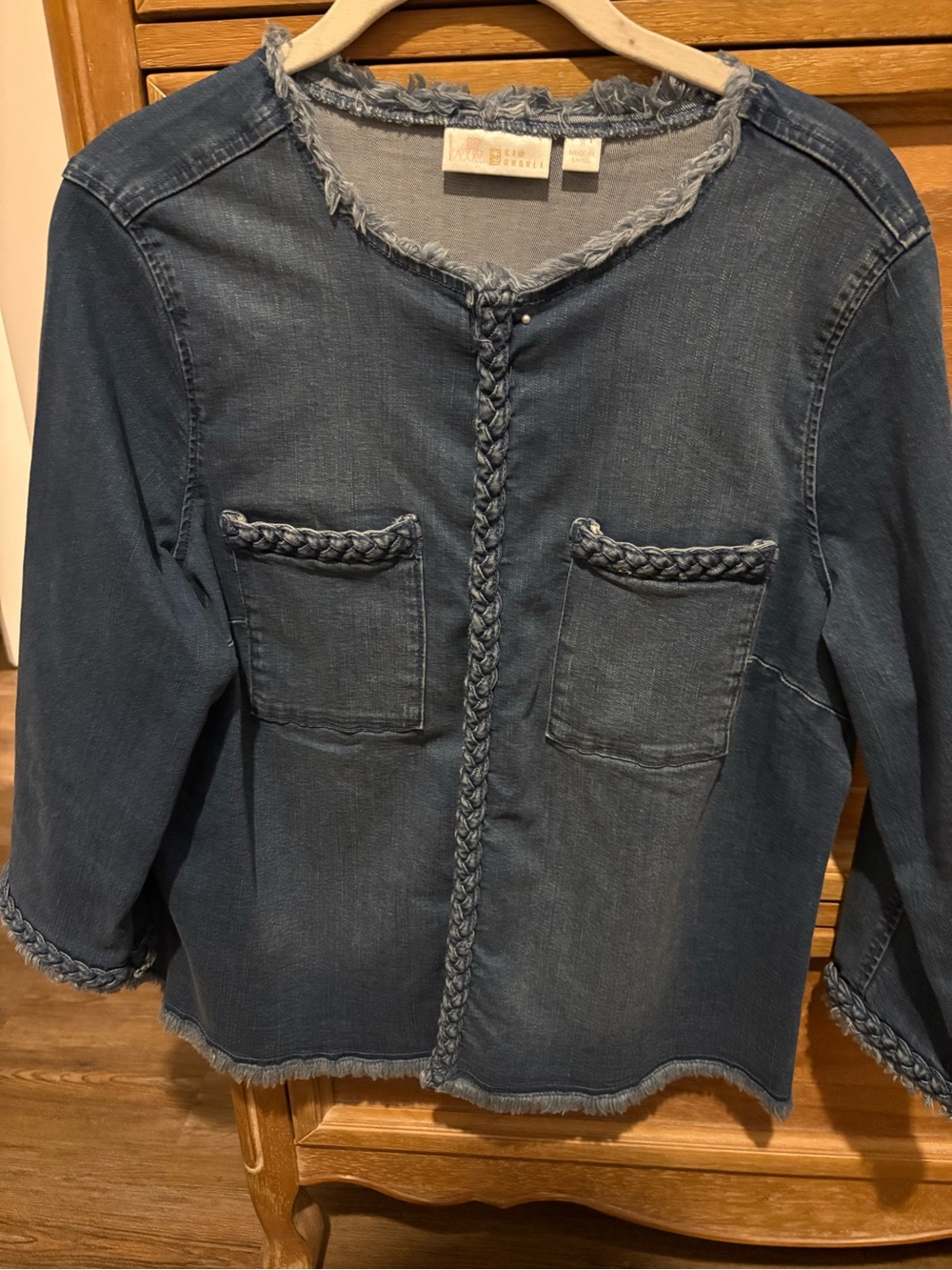Belle by Kim Gravel Medium Wash Denim Blue Collarless Jacket Braided Detail